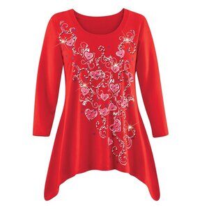 New XXL Red Valentine's Cascading Sparkling Sequin Hearts SharkBite Knit Tunic